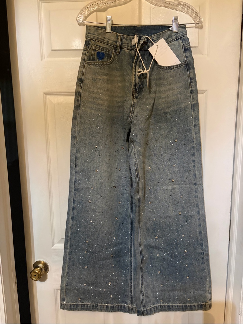 Wide Leg Embellished Blue Jeans
